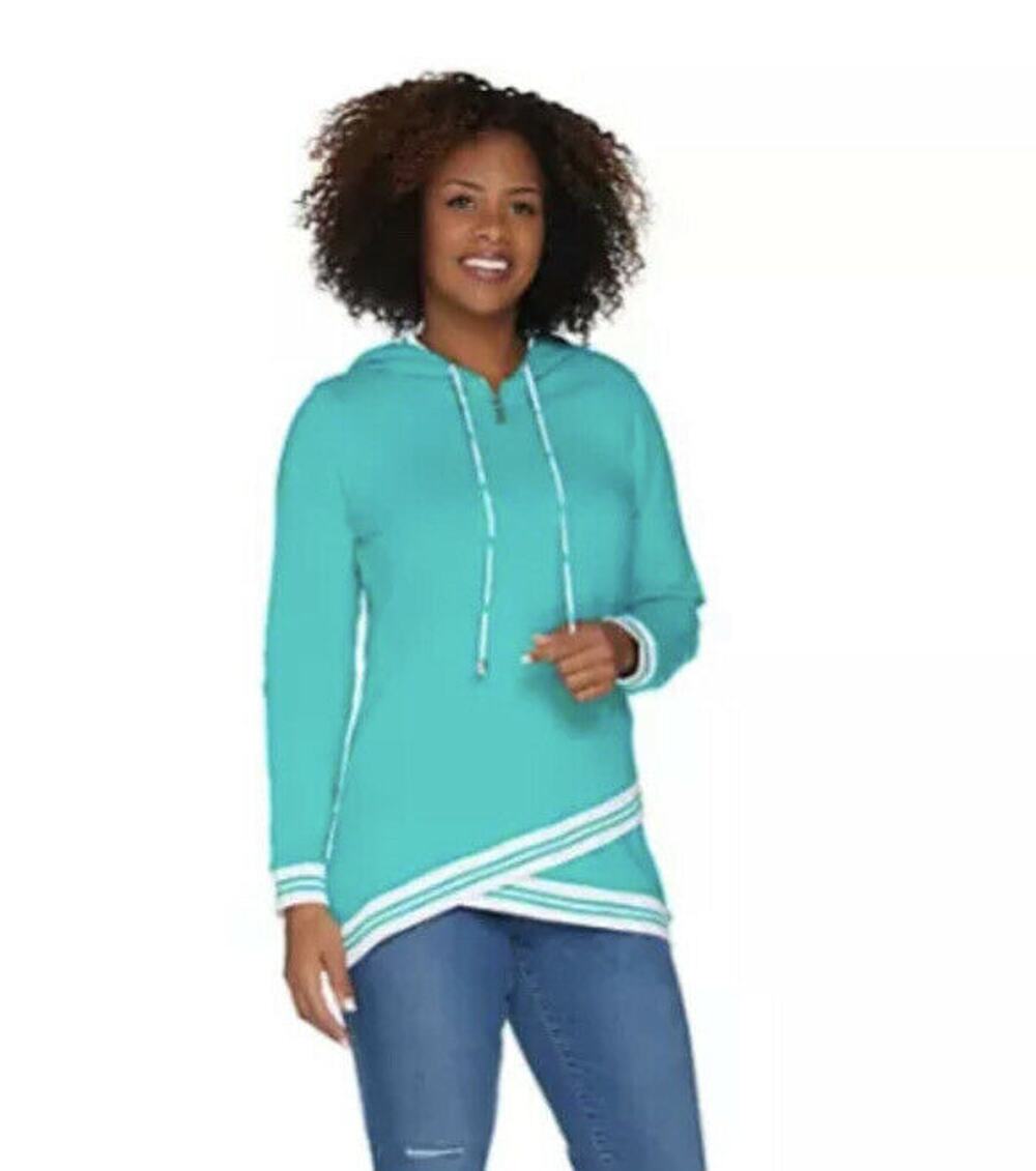 Denim & Co Active Womens Hoodie XS Aqua Green Star Print 1/2 Zip Pullover NWOT